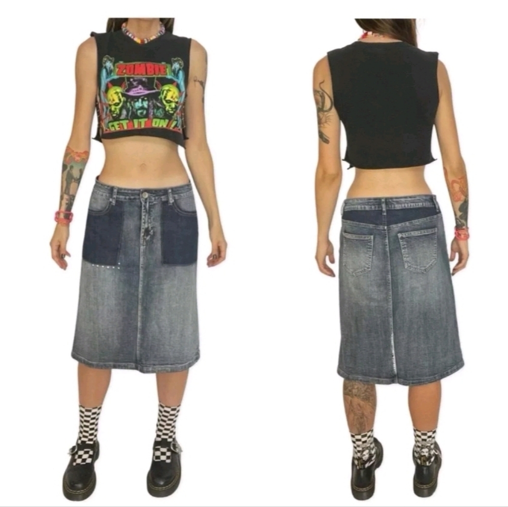 Hydraulic Brand Bleached Blue Patchwork Long Knee… - image 6